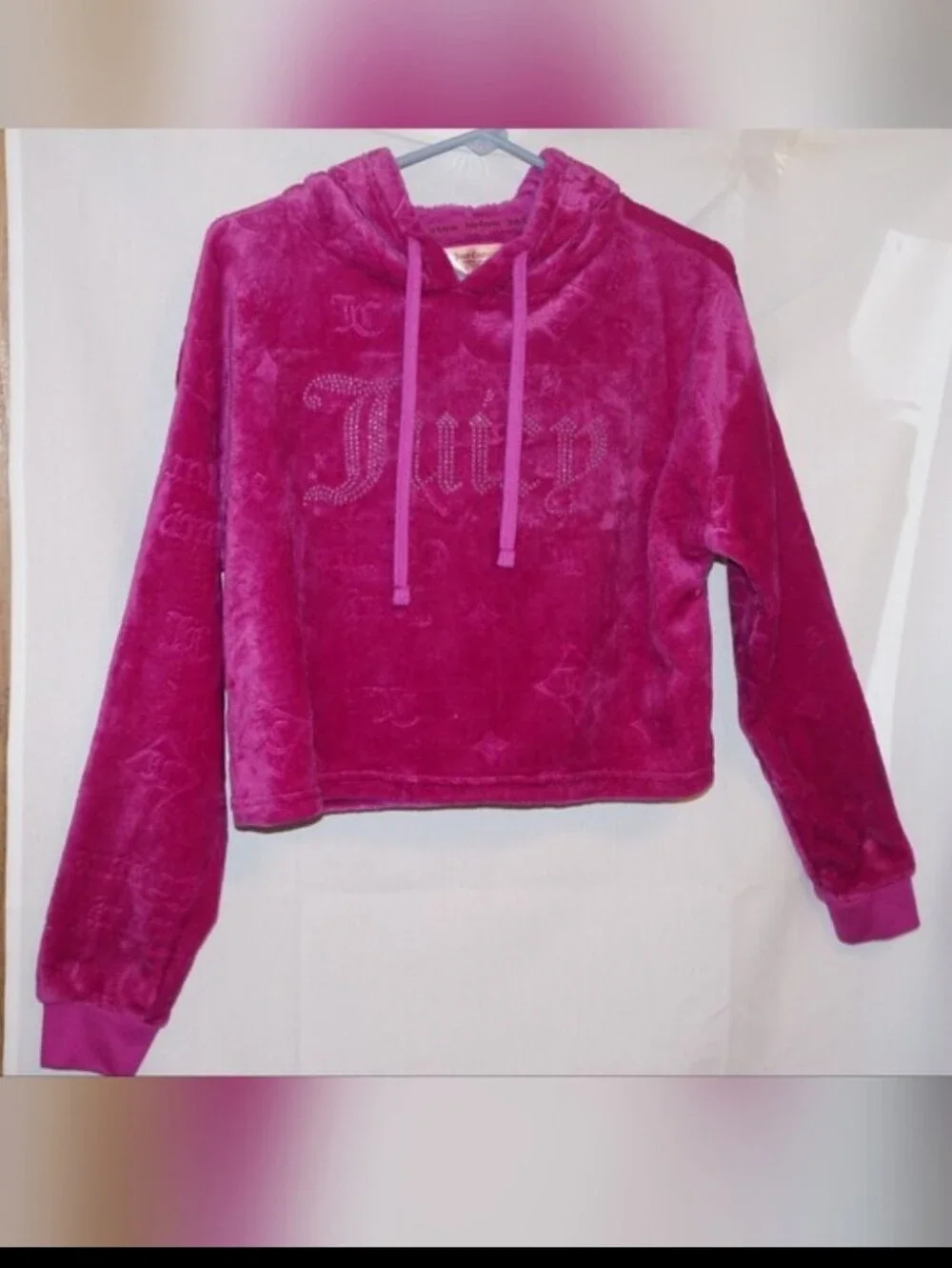 Y2K Juicy Couture Velour Cropped Hoodie Sequins Pink Jumper  Girls XL Sleepwear